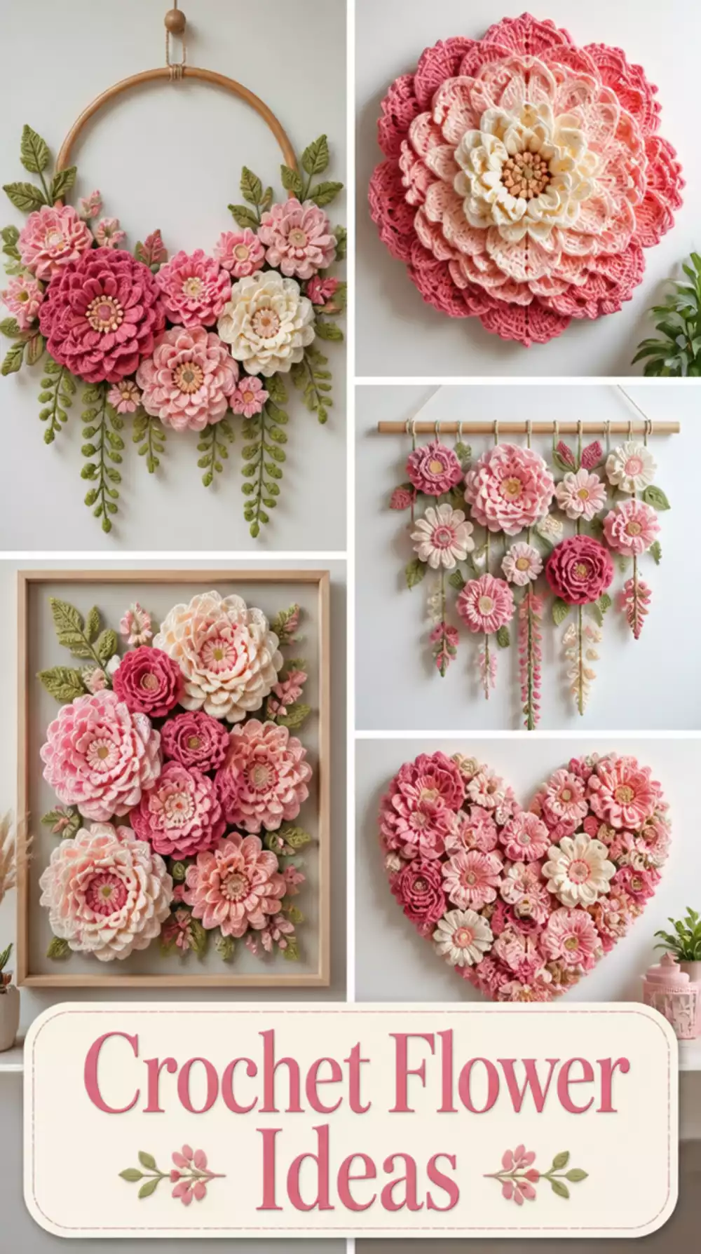 Crochet Flower Wall Art Hoop in Layered Pink and Cream Petals