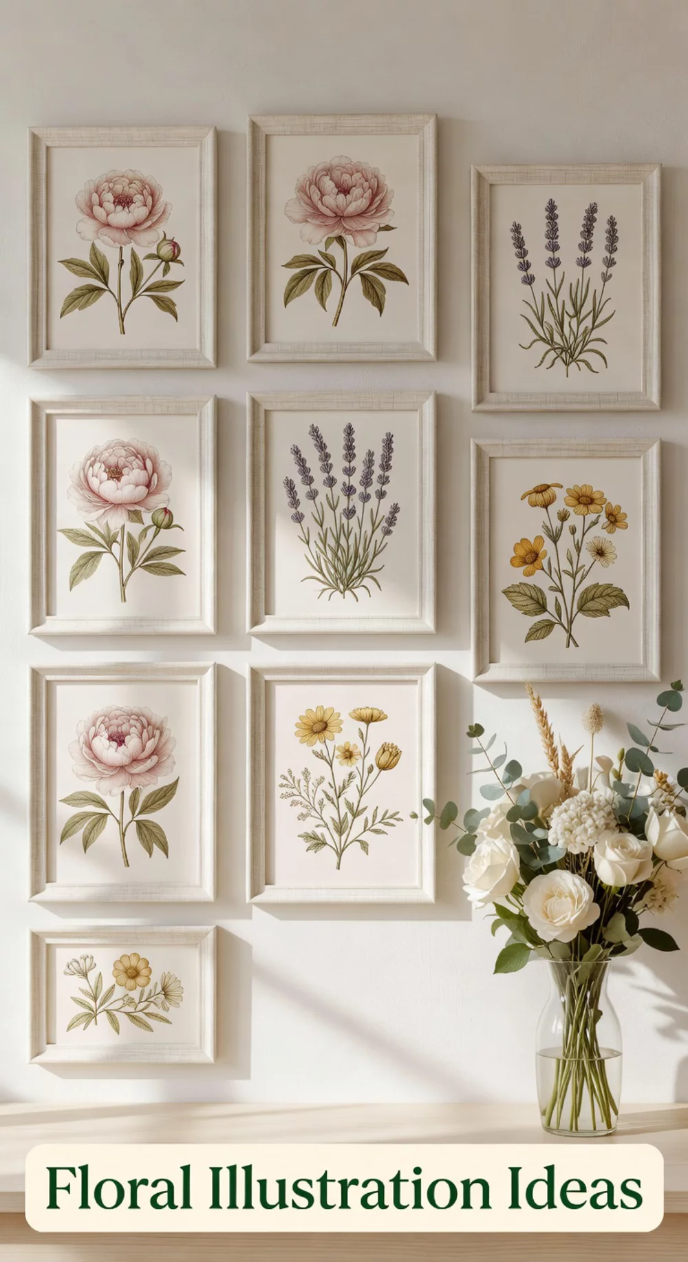 Vintage Floral Botanical Illustration in a Classic Cream Linen Frame