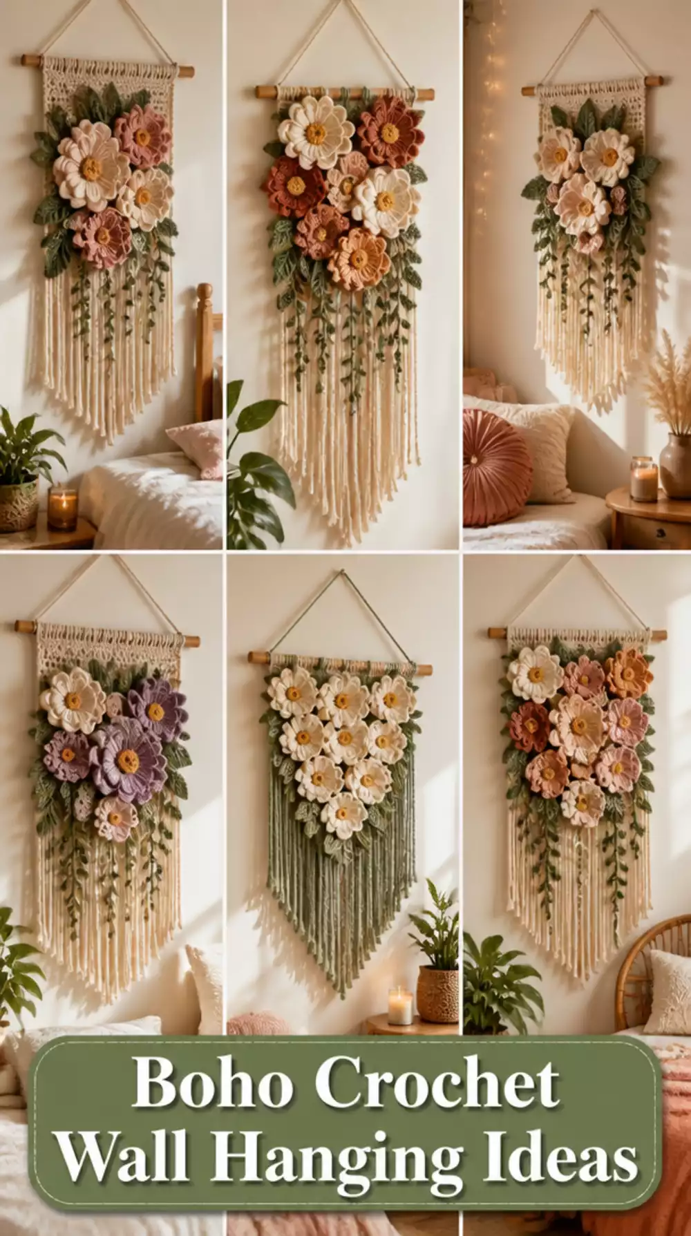 Bedroom Boho Crochet Floral Wall Hanging with Leaves and Fringe