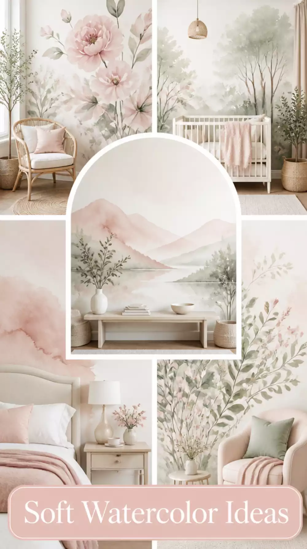 Soft Watercolor-Style Bedroom Mural in Blush, Sage, and Cream Tones