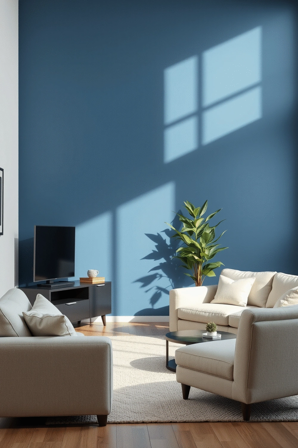Stylized living room with a single accent wall painted in a deep, calming blue, contrasting with neutral furniture and a potted plant in the corner.