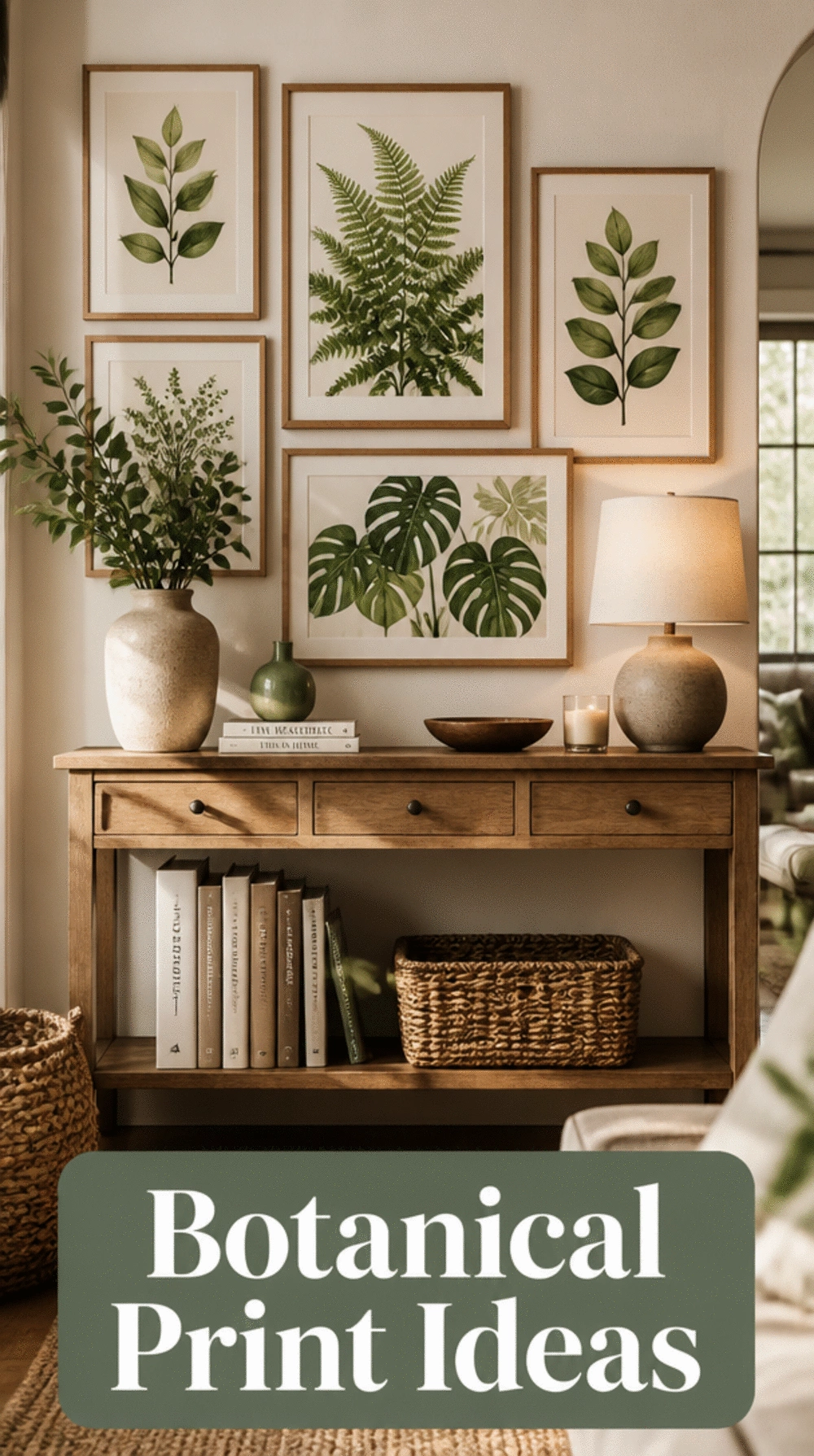 Framed Botanical Print Set Arranged Above an Entryway Console Table