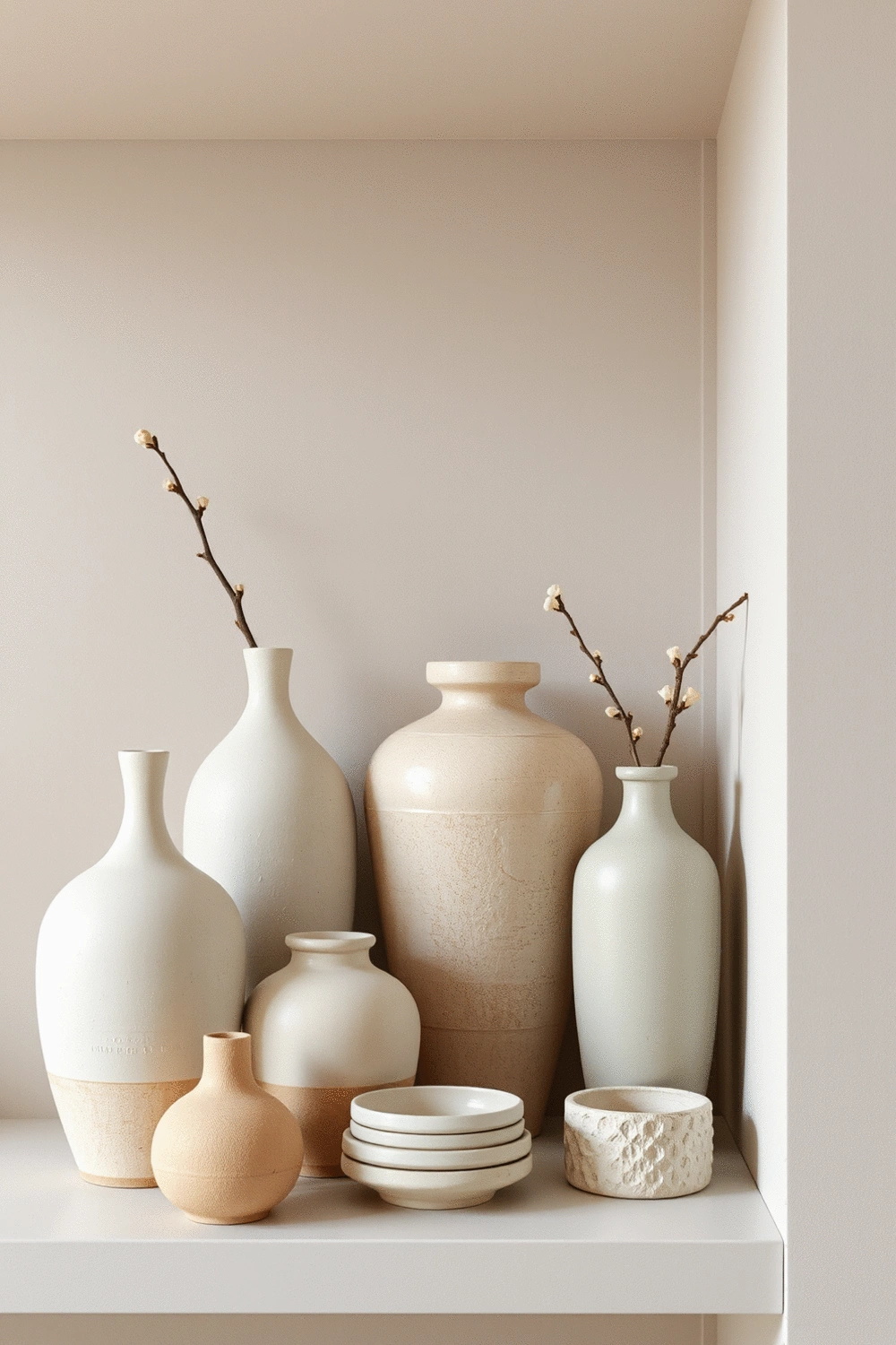 A collection of pastel-colored ceramic vases and decorative objects arranged on a minimalist shelf, with soft, indirect lighting highlighting their textures.