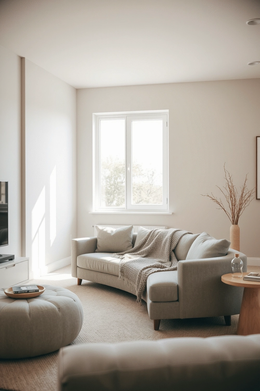 Interior living room with neutral colored walls, soft natural light, and minimalist decor