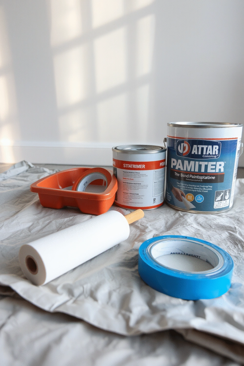 A collection of painting tools including painter's tape, a paint roller, a tray, and a can of primer, neatly arranged on a drop cloth in a well-lit room, ready for an accent wall project.