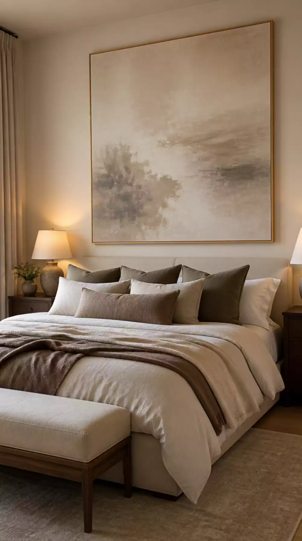 Bedroom Oversized Neutral Abstract Canvas in a Thin Natural Wood Frame