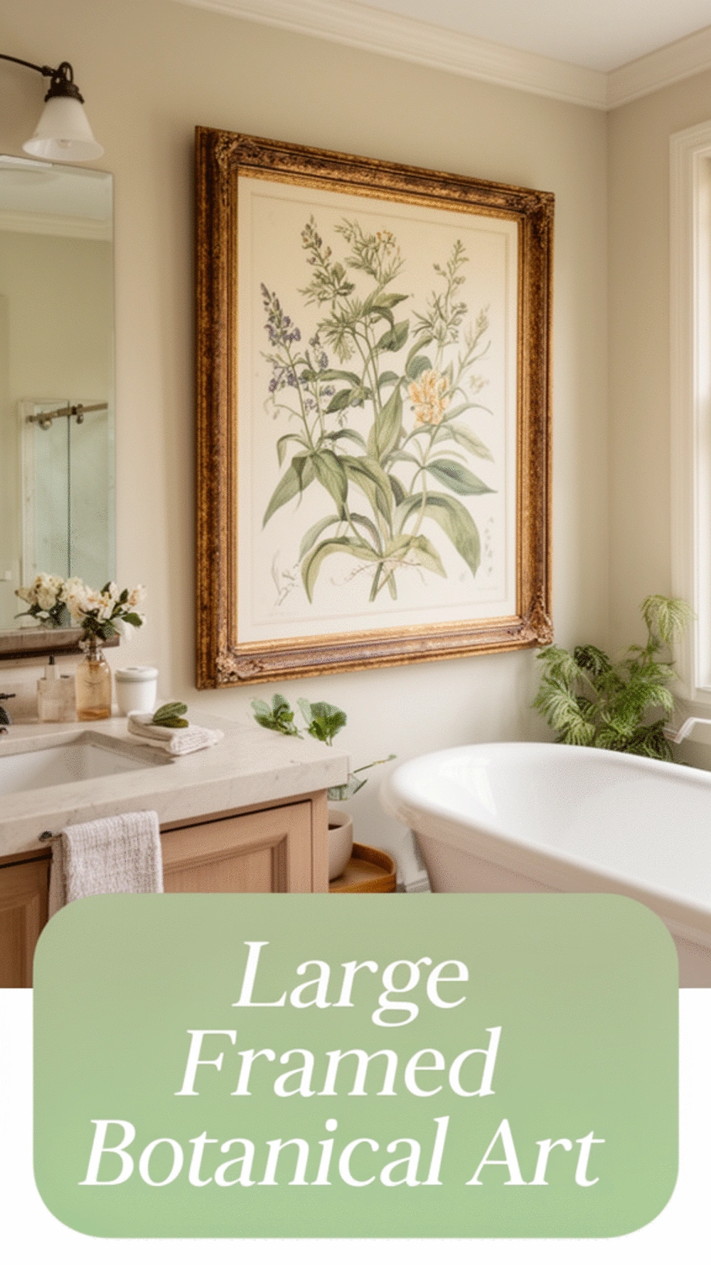 Bathroom Large Framed Botanical Illustration in a Warm Antique Frame
