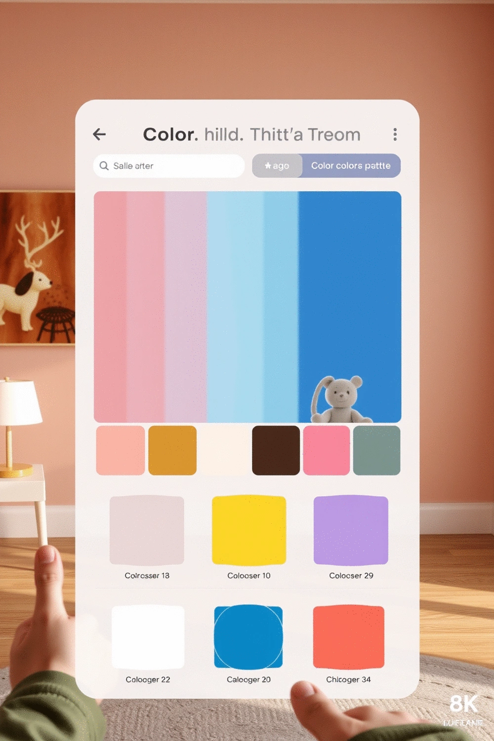 Digital interface of a color palette selection tool displaying various color combinations for a child's room.