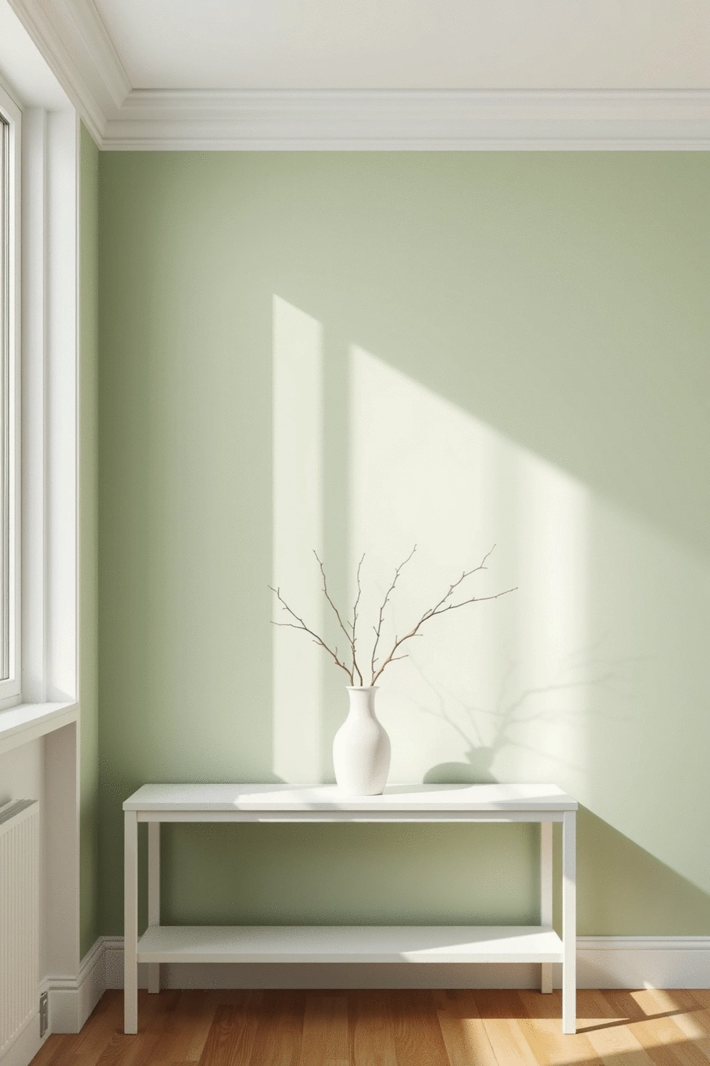 Interior wall with a fresh coat of paint in a light, refreshing color, reflecting natural light from a window