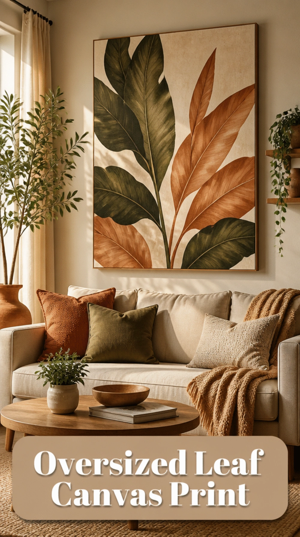 Oversized Leaf Canvas Print in Deep Olive and Warm Terracotta Tones