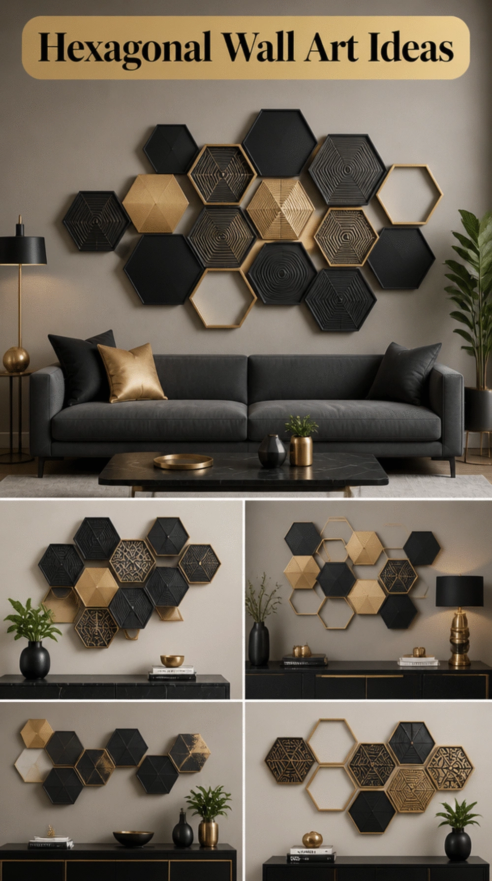 Bold Hexagonal Metal Wall Art in a Matte Charcoal and Brass Finish