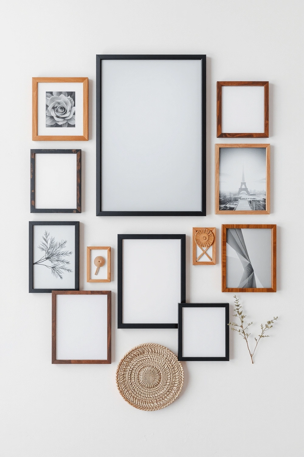 Stylized flat-lay of various art prints, empty frames, and decorative objects arranged on a light surface, ready for a gallery wall project
