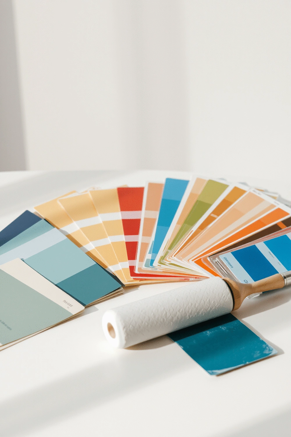 Variety of paint sample cards and color swatches arranged on a table with a roller and brush
