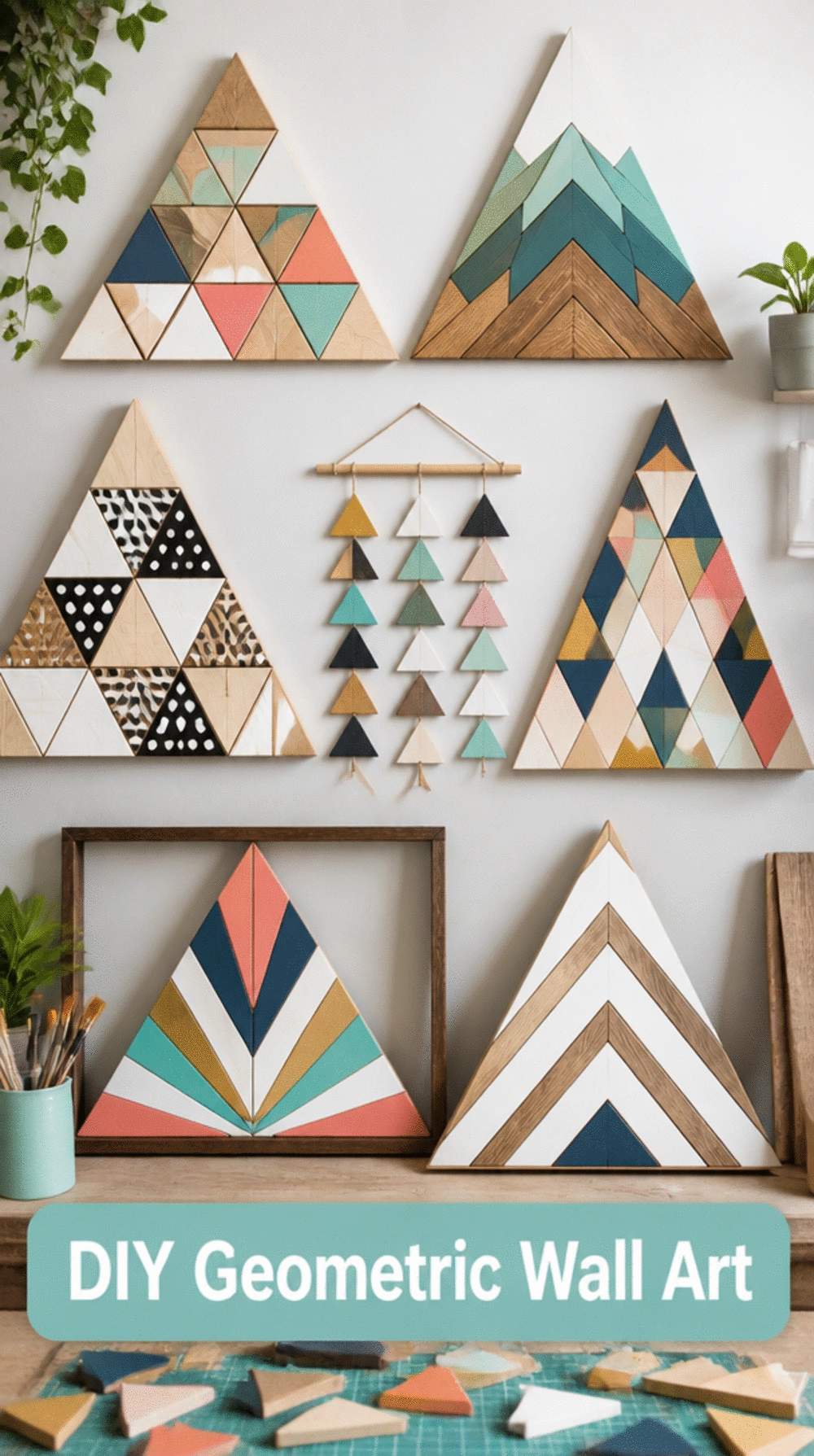 DIY Geometric Wood Wall Art Made with Triangle Offcuts and Paint