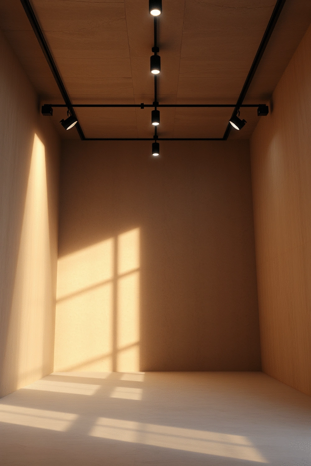 An empty room with track lighting highlighting a textured wall, showcasing different light temperatures and their effects on color. No humans, no people, no hands, no body parts.