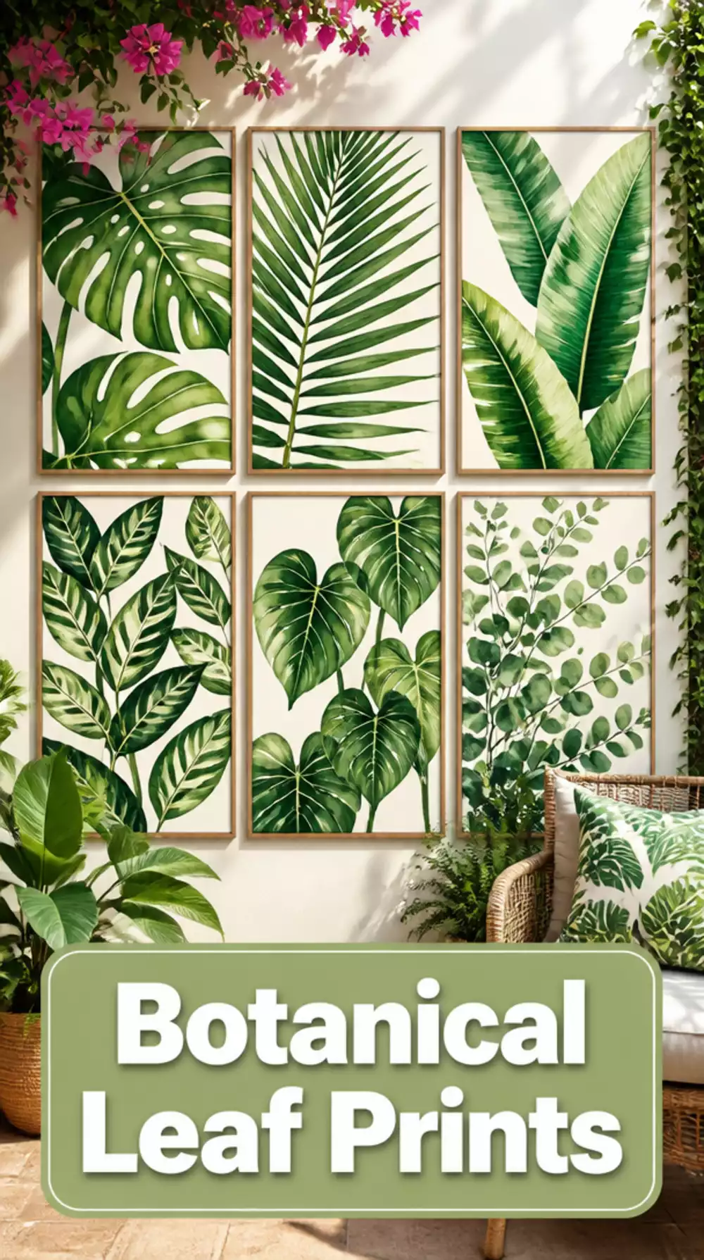 Painted Patio Feature Wall Mural in Bold Botanical Leaf Prints