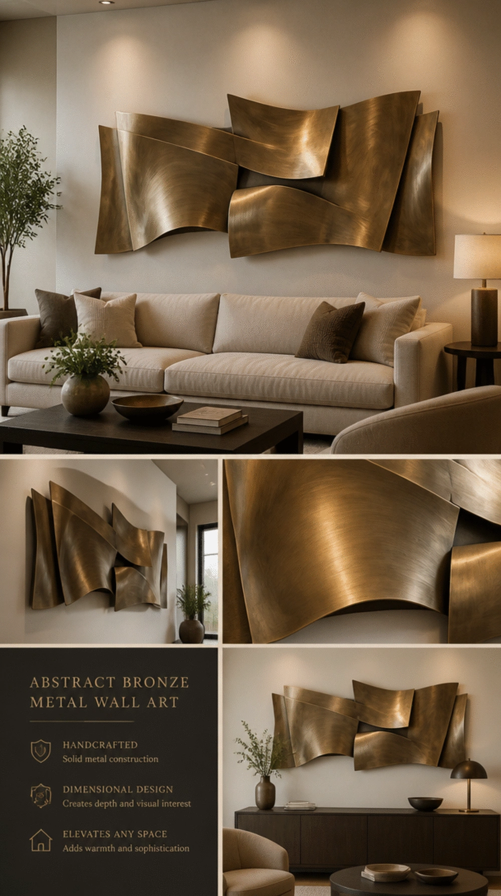 Large Metal Wall Art Panel in a Brushed Bronze Abstract Design