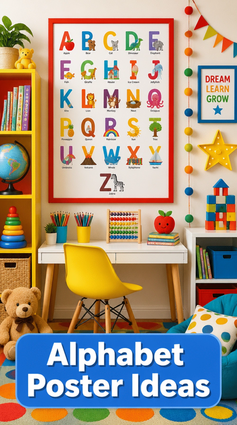 Kids Room Alphabet Poster in a Clean Primary-Colour Frame