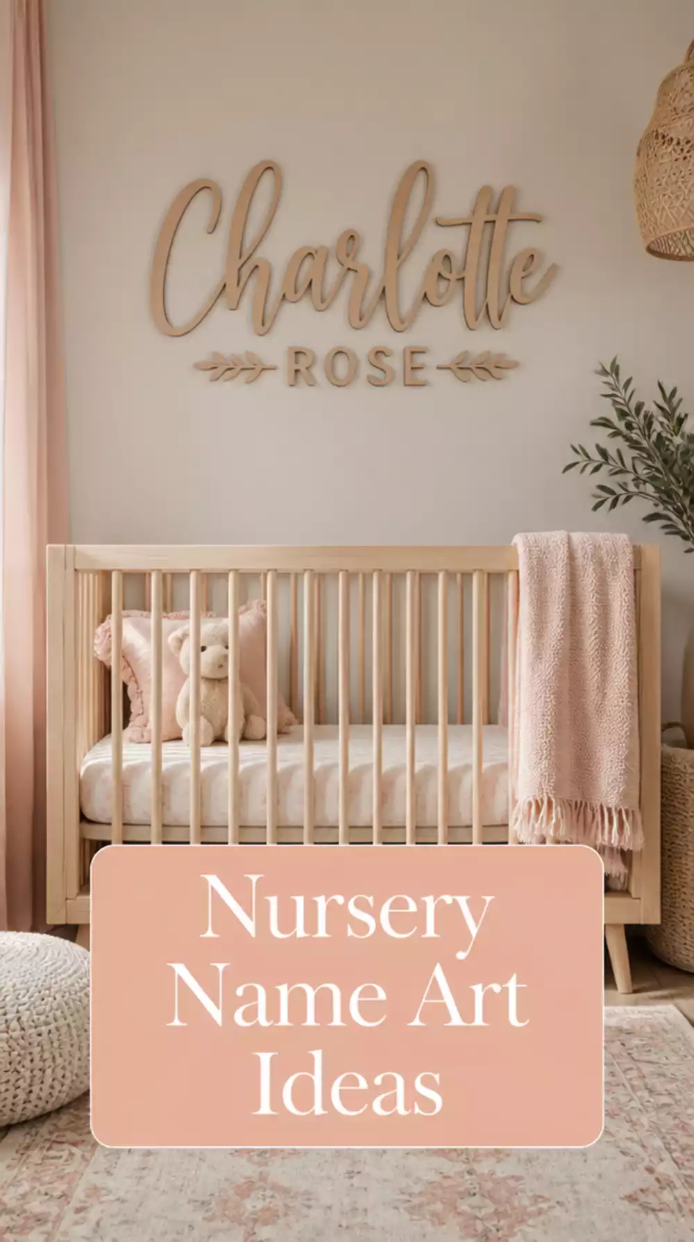 Nursery Name Letter Wall Art in a Natural Wood Finish Above the Crib
