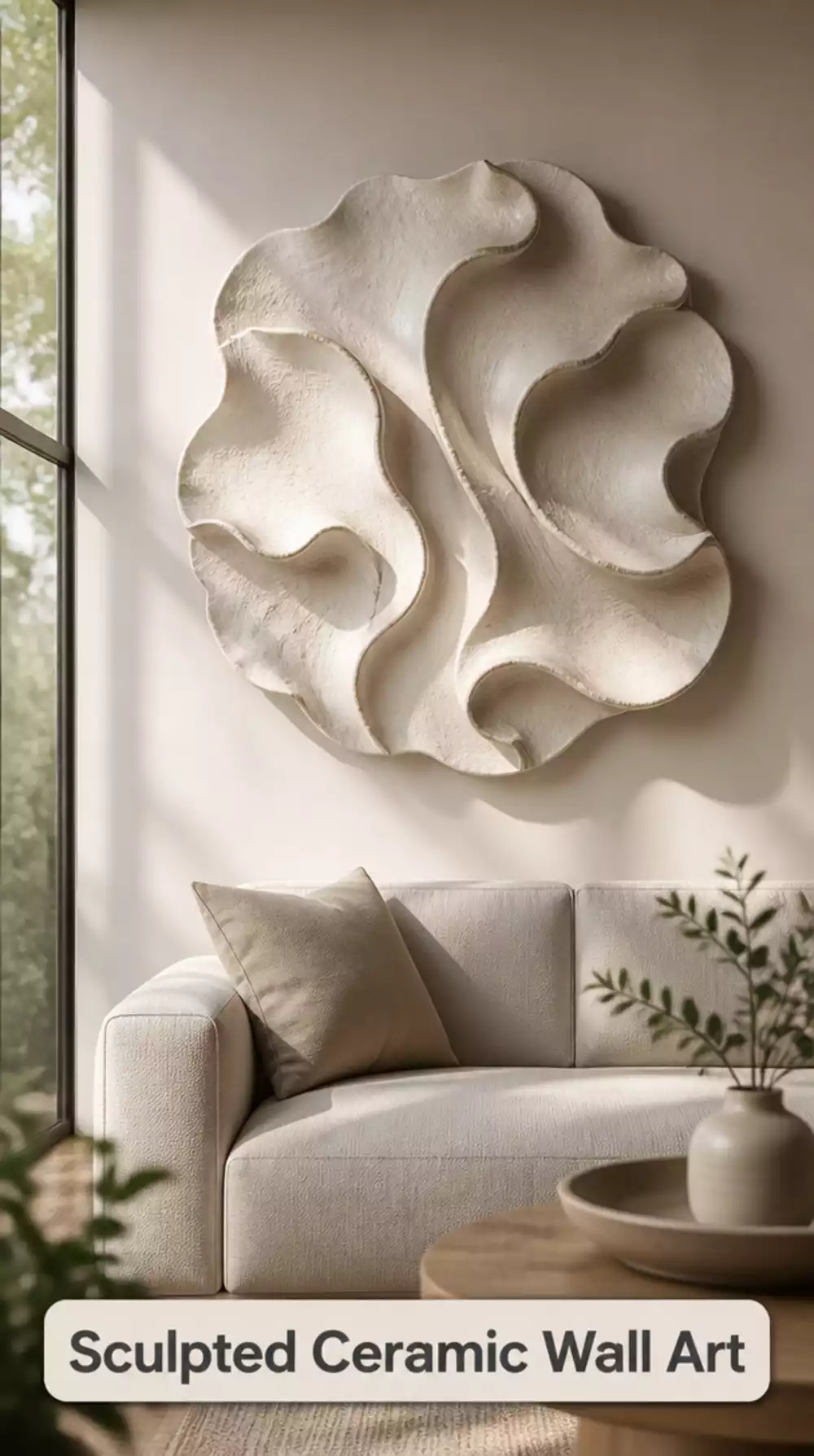 Living Room Sculpted Ceramic Wall Piece in an Organic Neutral Form