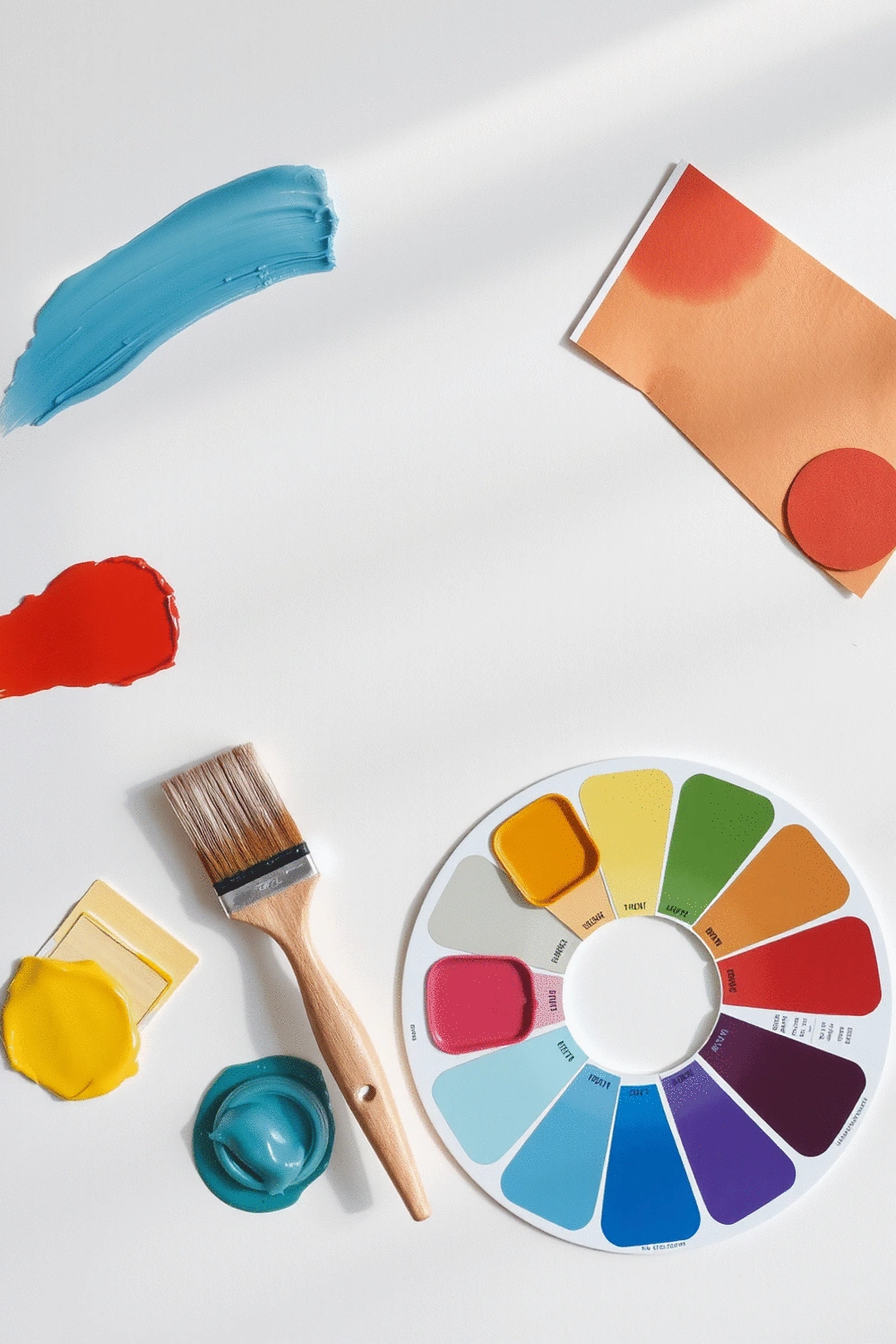 Stylized flat-lay of paint swatches in bold colors, a paintbrush, and a color wheel on a clean background.