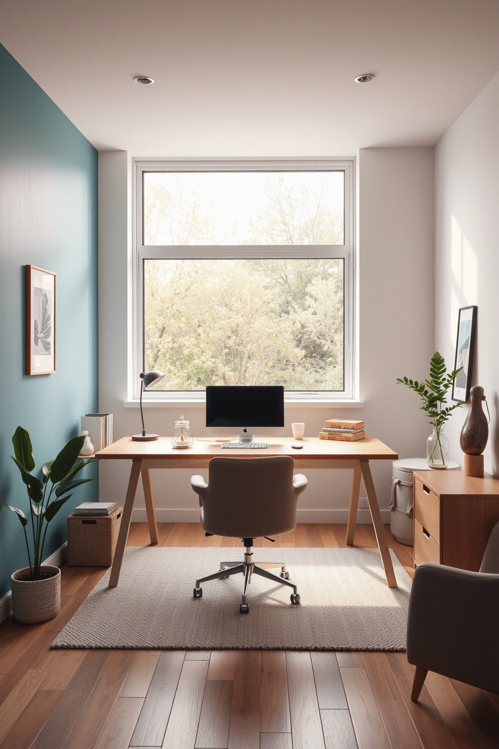 Modern home office interior with a desk, minimalist decor, and a vibrant color palette on the walls, bathed in soft natural light.