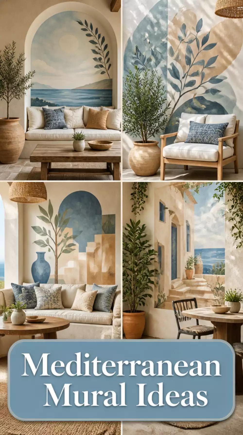 Patio Abstract Mural in Soft Mediterranean Blues and Sand Tones