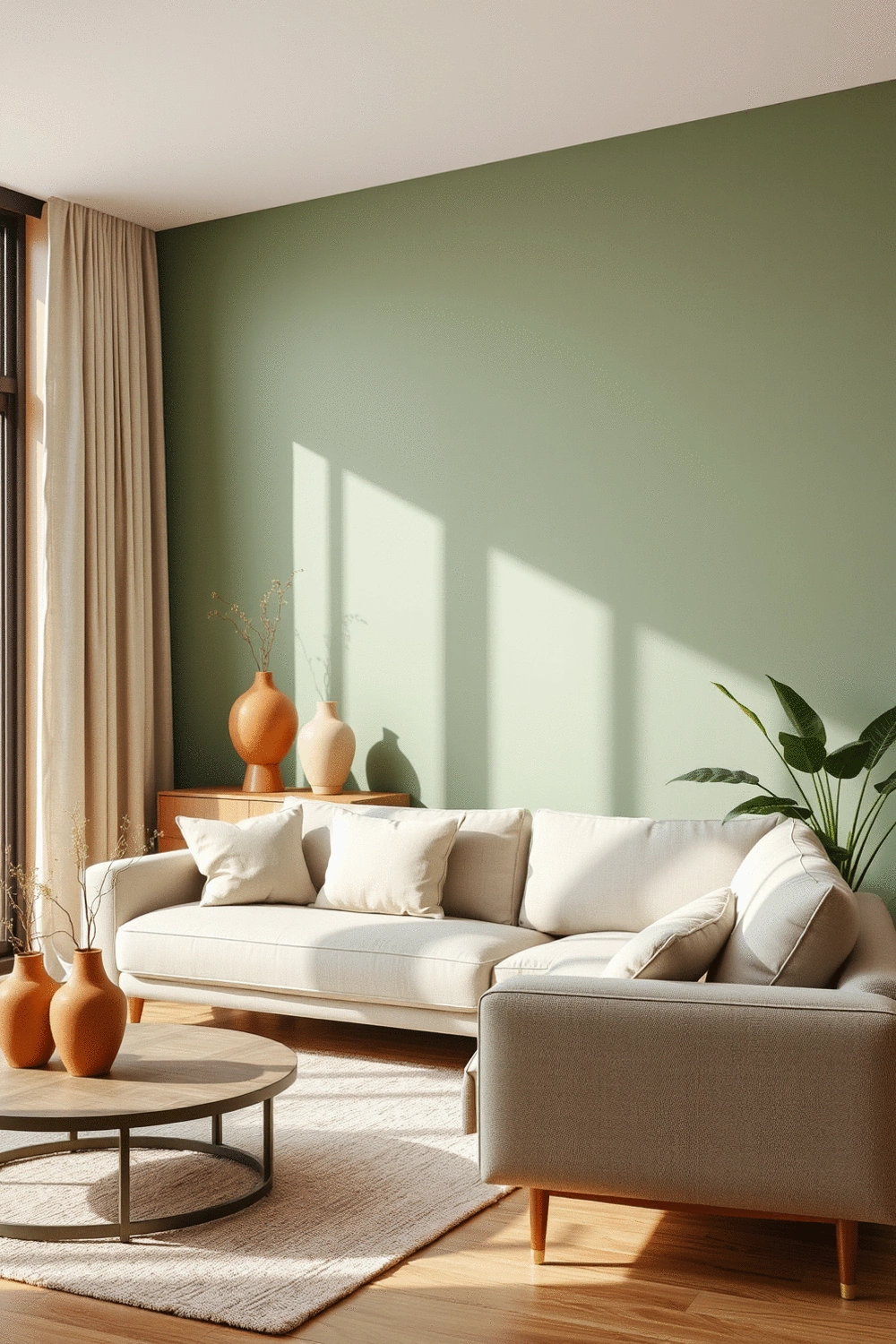 Interior decor featuring trending colors: a modern living room with a sage green accent wall, soft terracotta ceramic vases, and a greige sofa, illuminated by natural light.