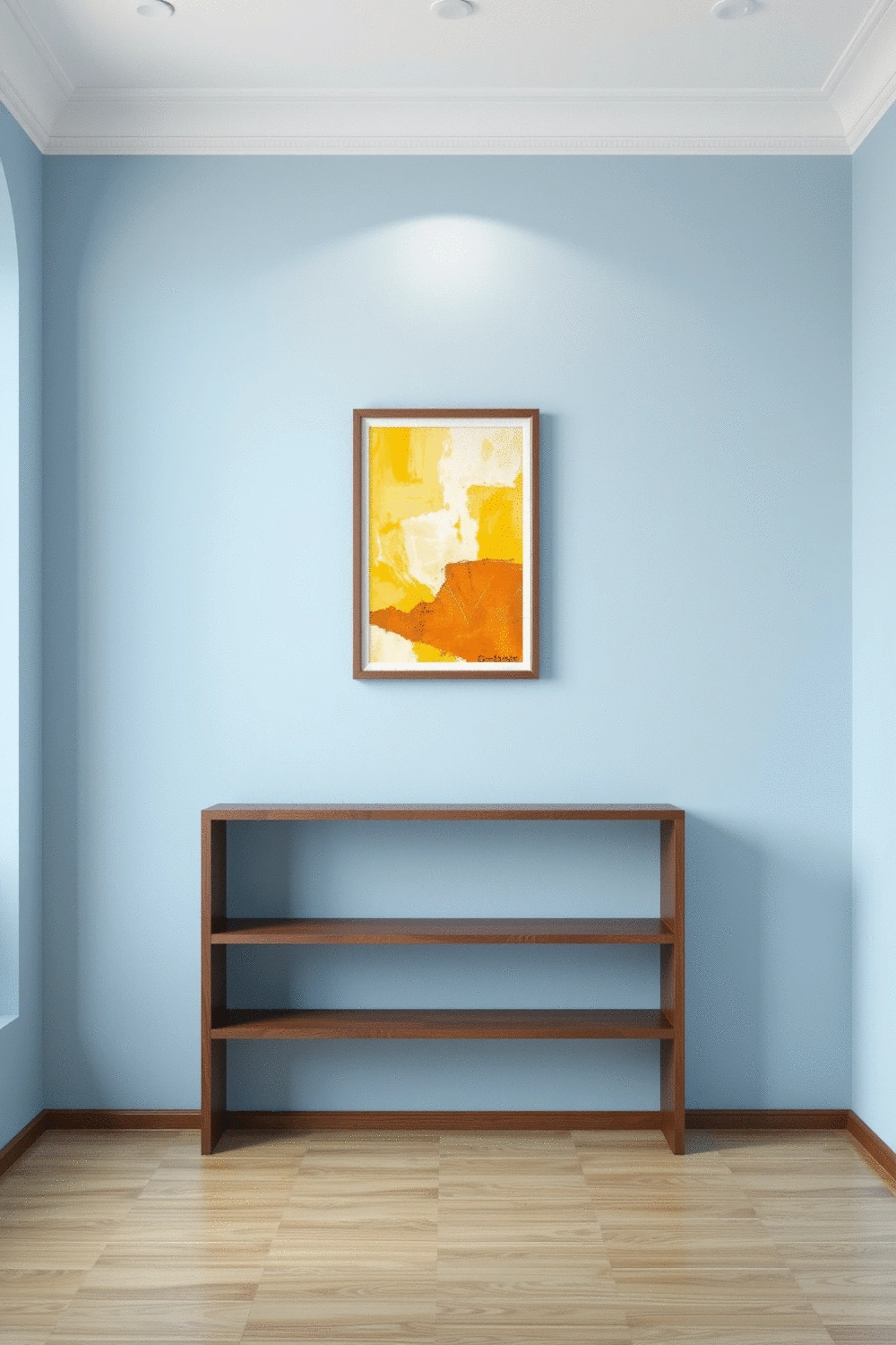 Interior wall painted in a calming blue, with a framed abstract art piece featuring warm yellow and orange tones, creating a harmonious contrast. No humans, no people, no hands, no body parts.