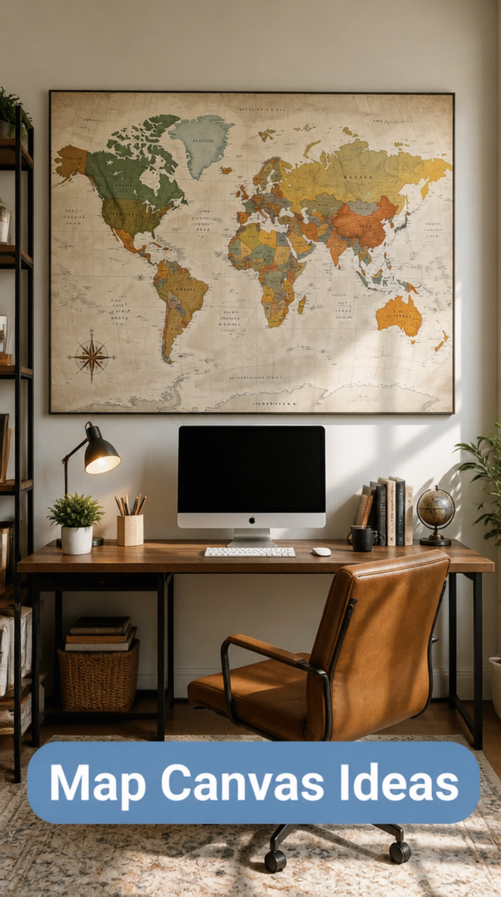 Home Office Large Map Canvas Print That Fills the Wall Behind a Monitor
