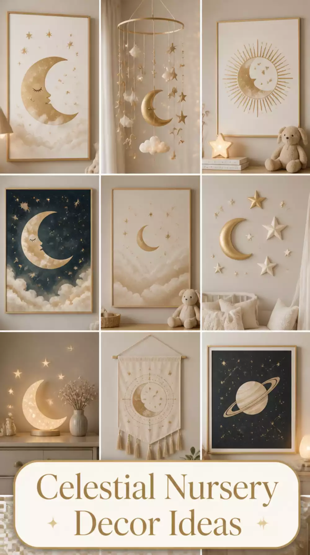 Nursery Celestial Moon and Star Wall Art Set in Soft Gold and Ivory