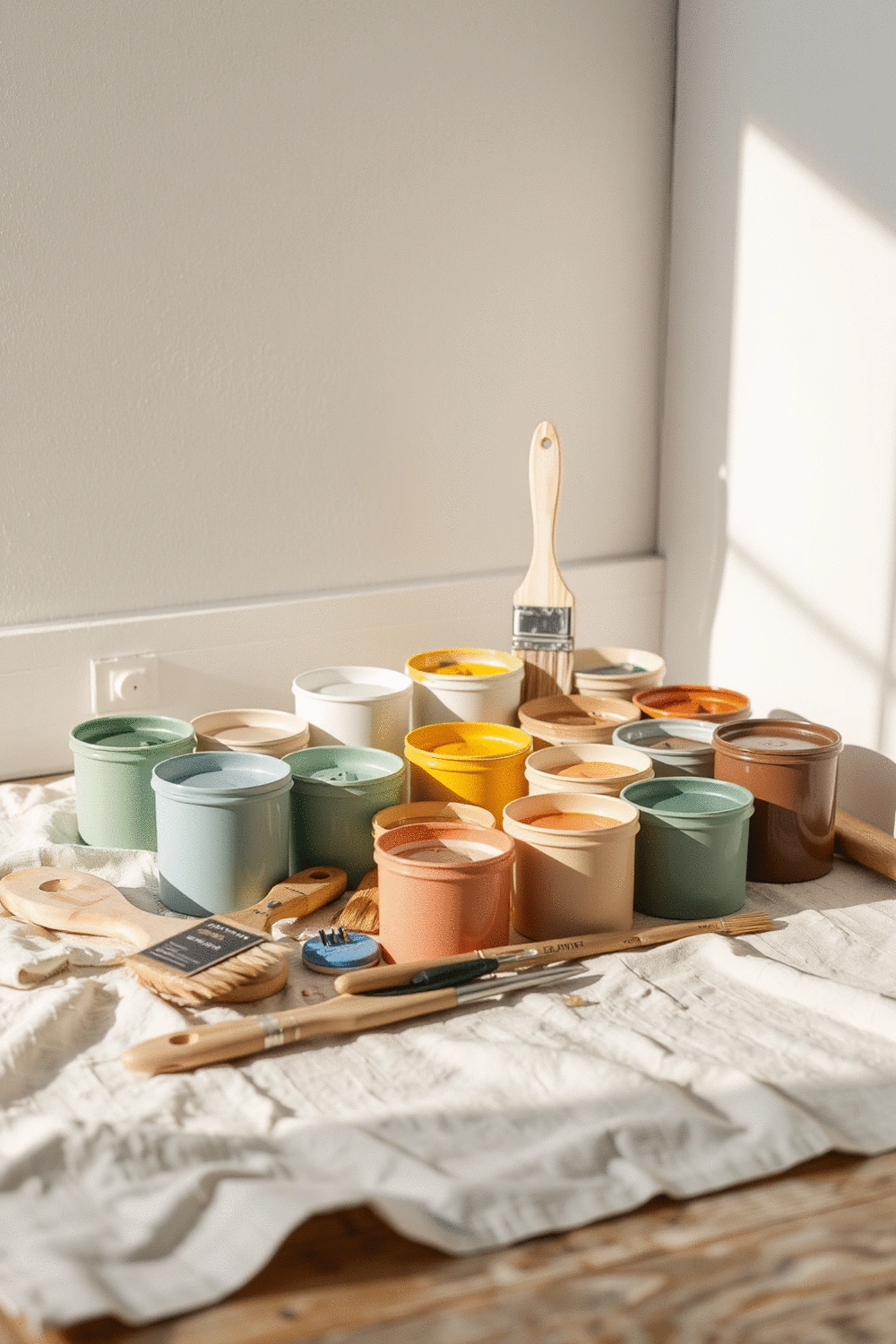 A collection of paint sample pots and brushes on a drop cloth, ready for testing on an interior wall