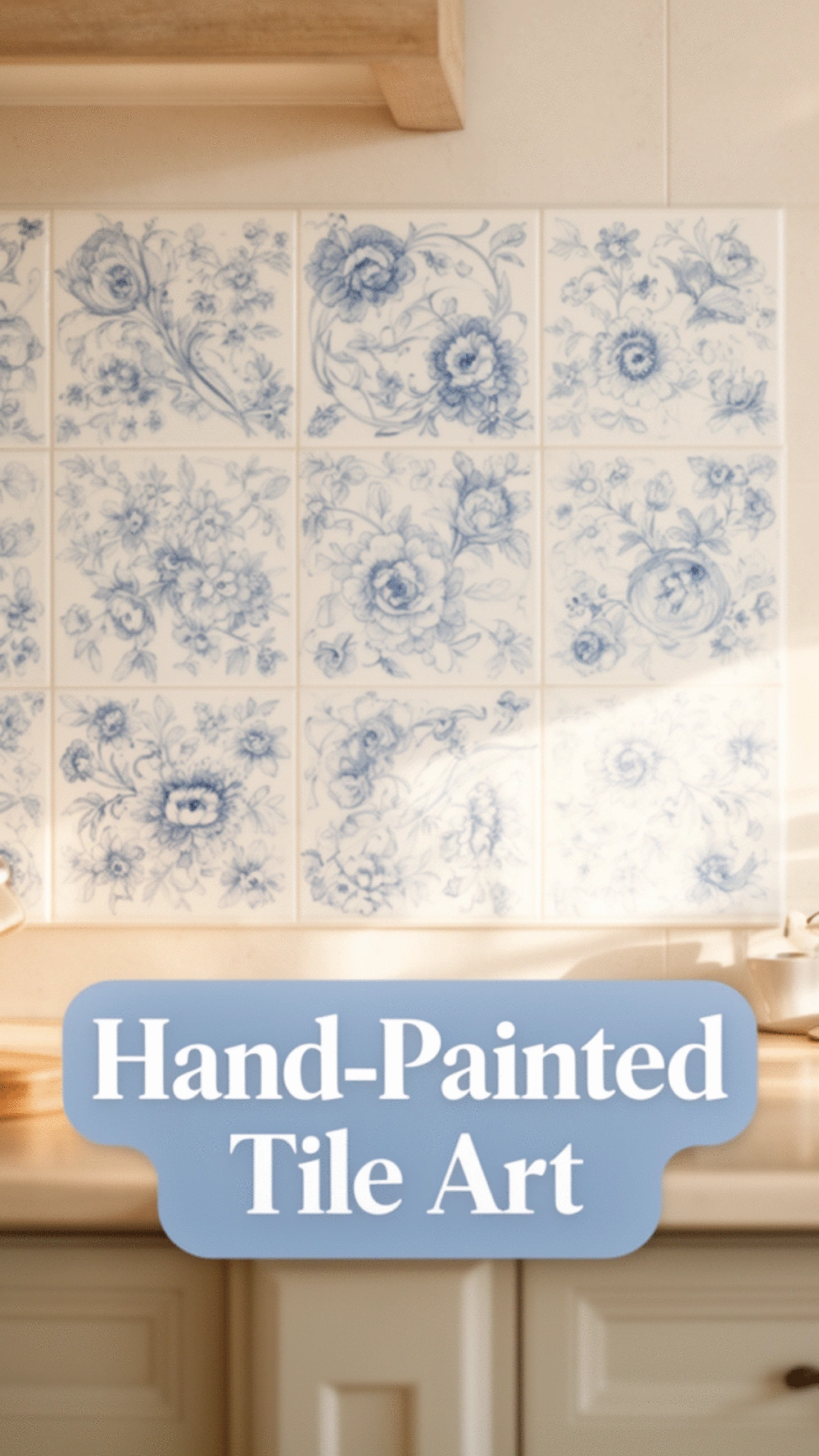 Hand-Painted Ceramic Tile Wall Art Set in Soft Blue and White Tones