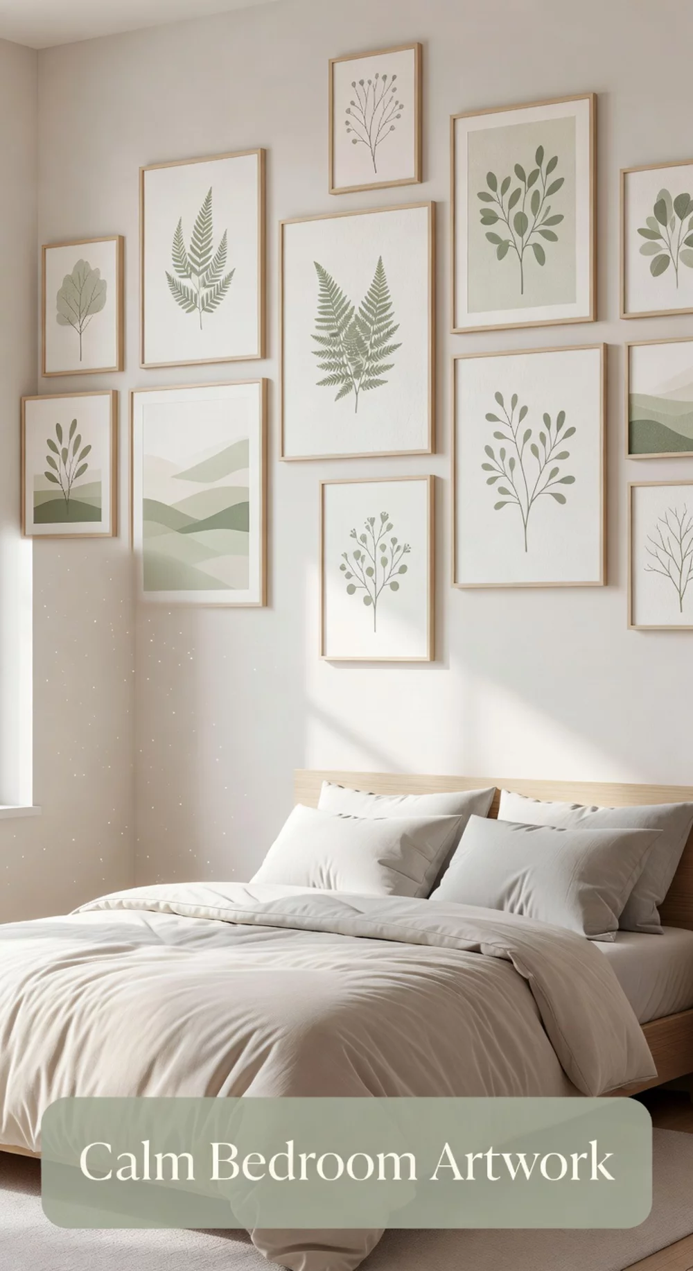 Framed Minimalist Nature Print in Muted Sage for a Calm Bedroom Wall