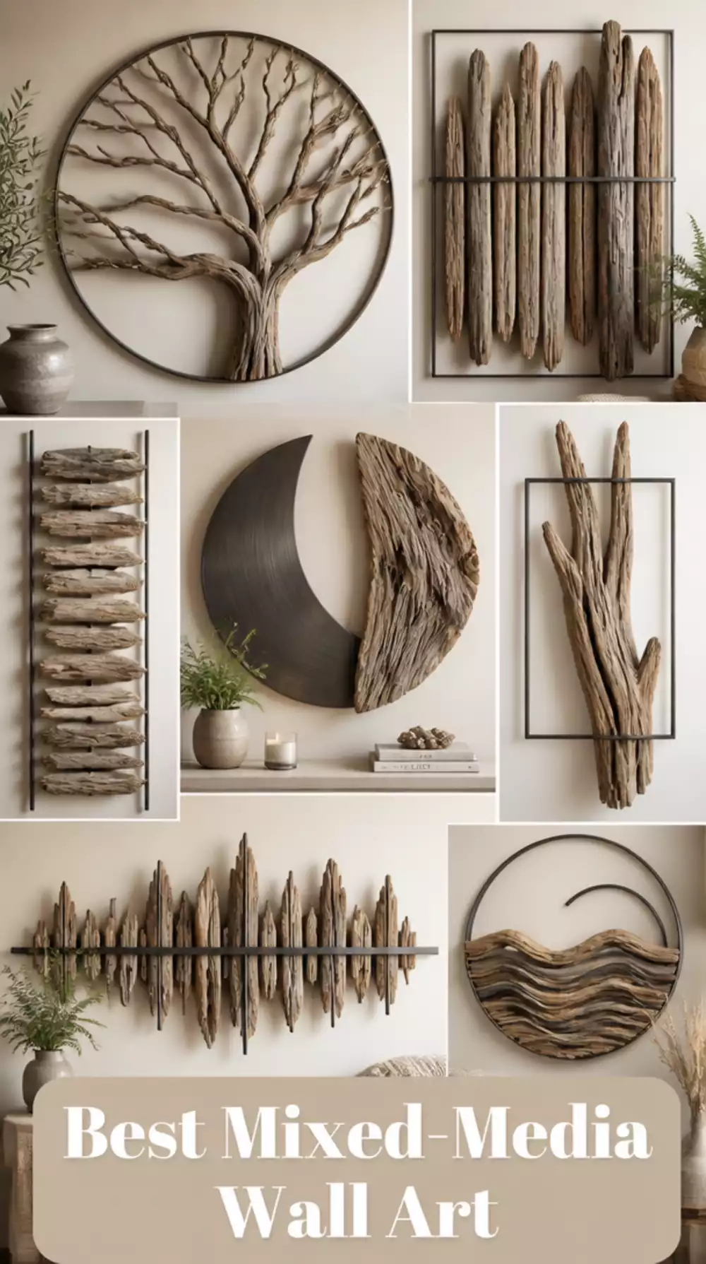 Living Room Mixed-Media Wall Sculpture in Driftwood and Brushed Iron