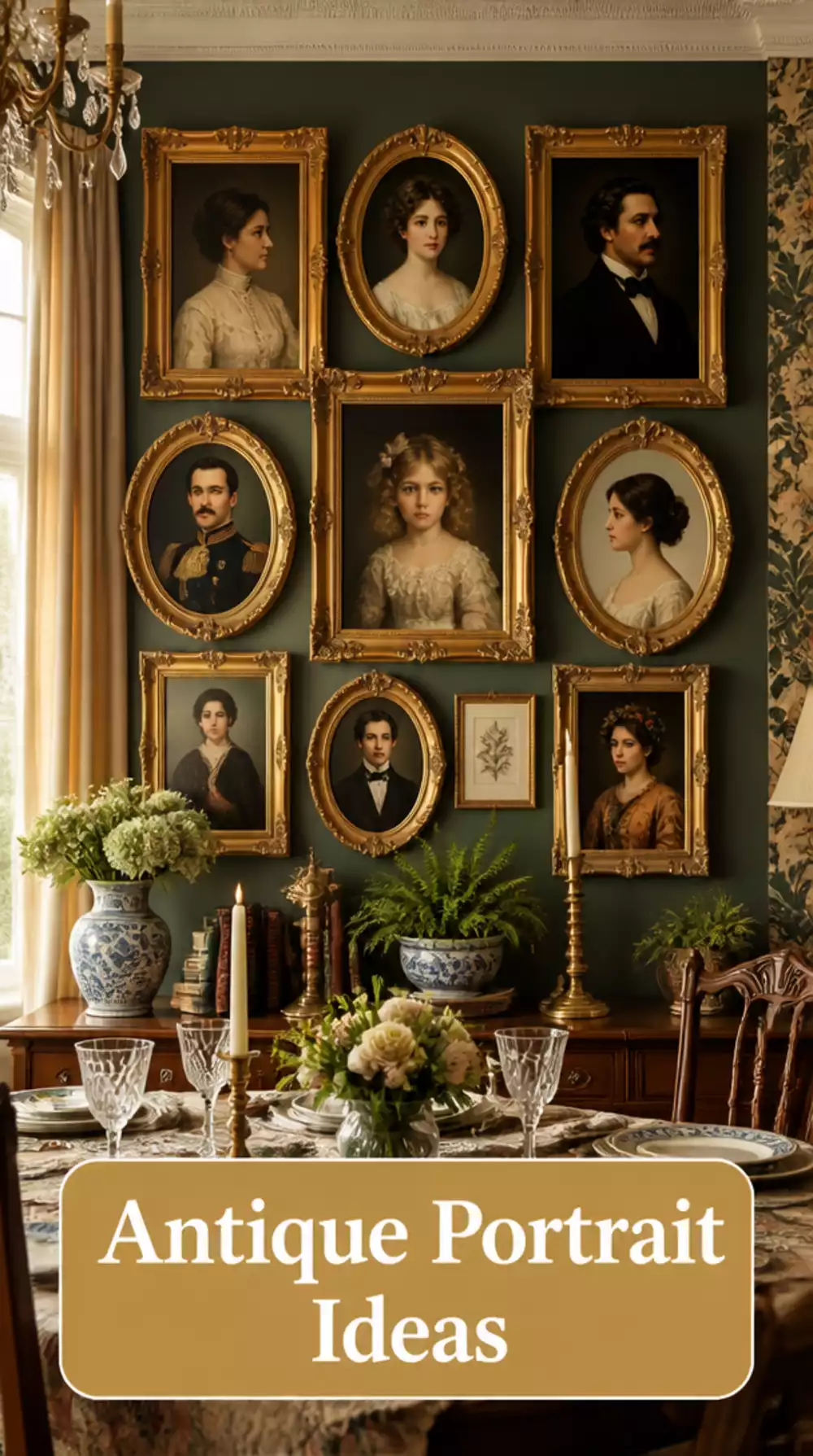 Antique Gold Framed Portrait Print That Anchors a Maximalist Dining Wall