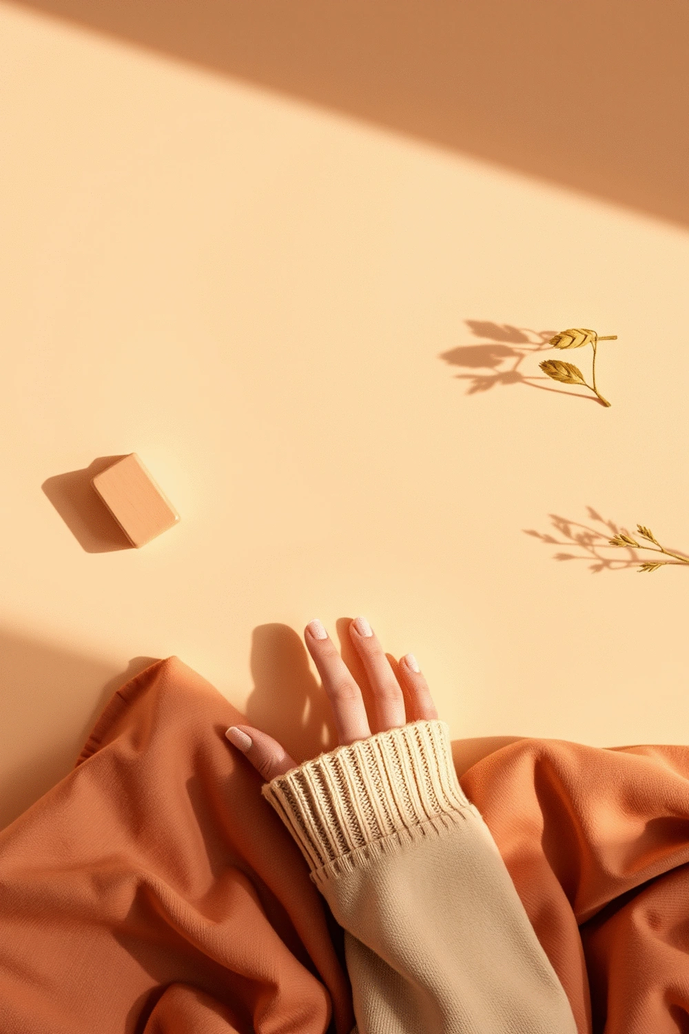 Branding elements with a warm color palette, conveying comfort and creativity, flat lay, soft natural light