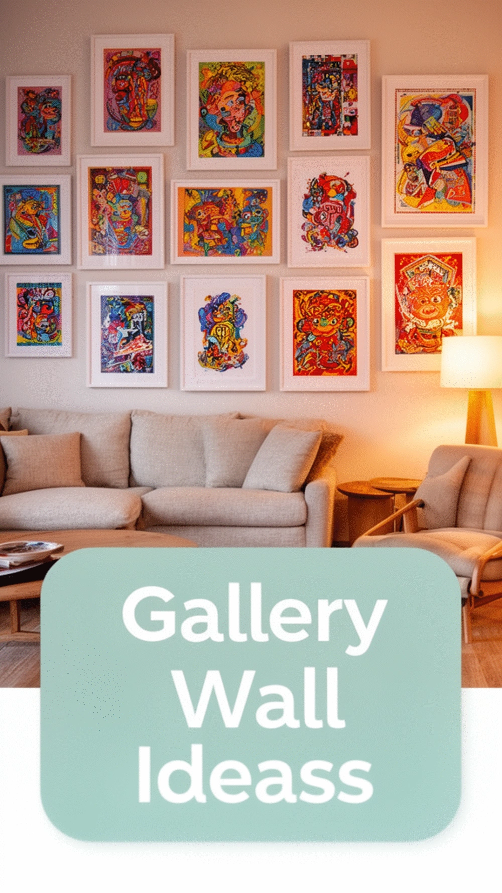 Living Room Floor-to-Ceiling Framed Print Display on a Wide Blank Wall