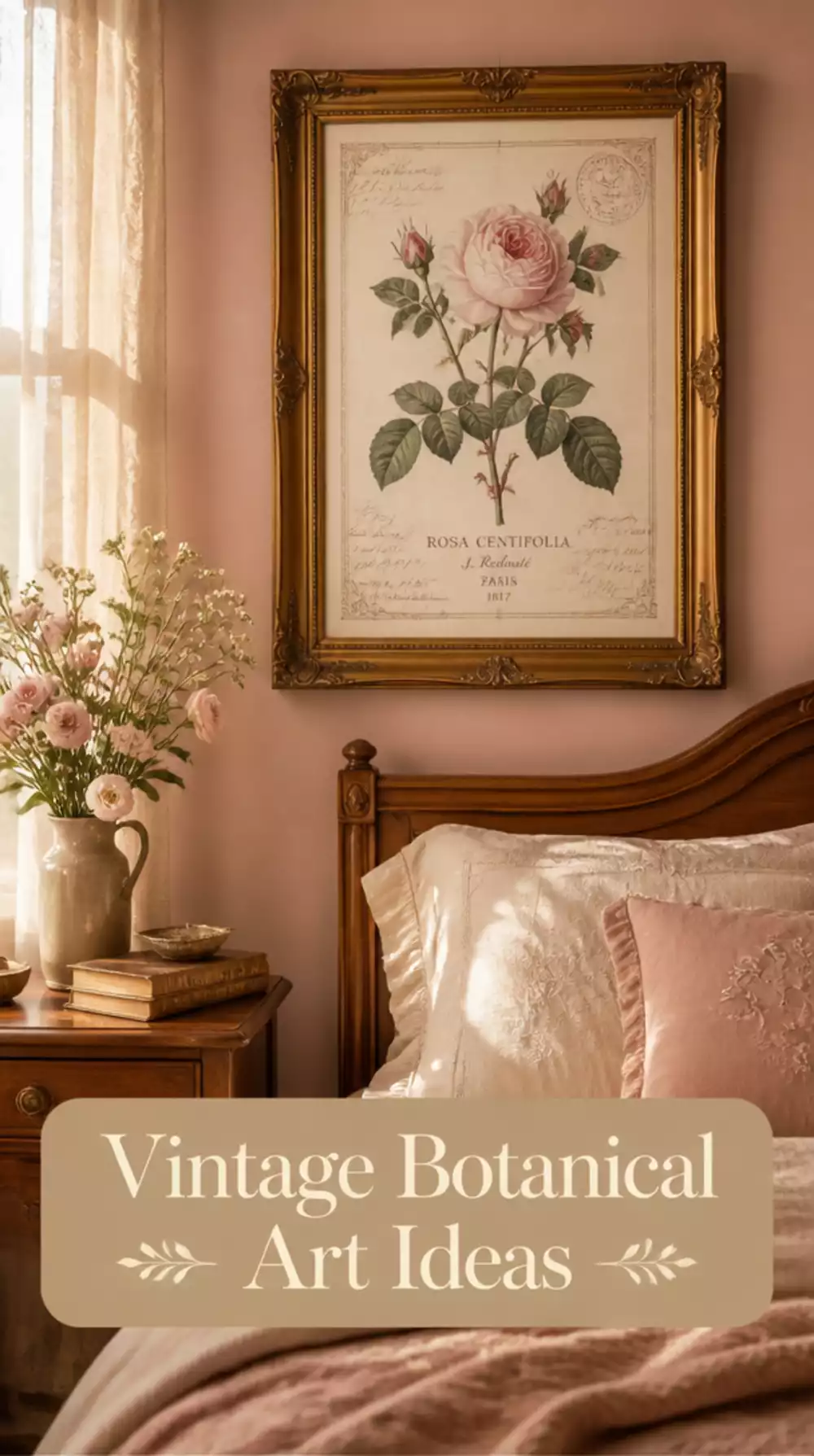 Bedroom Vintage Botanical Print in Soft Blush Behind an Antique Gold Frame