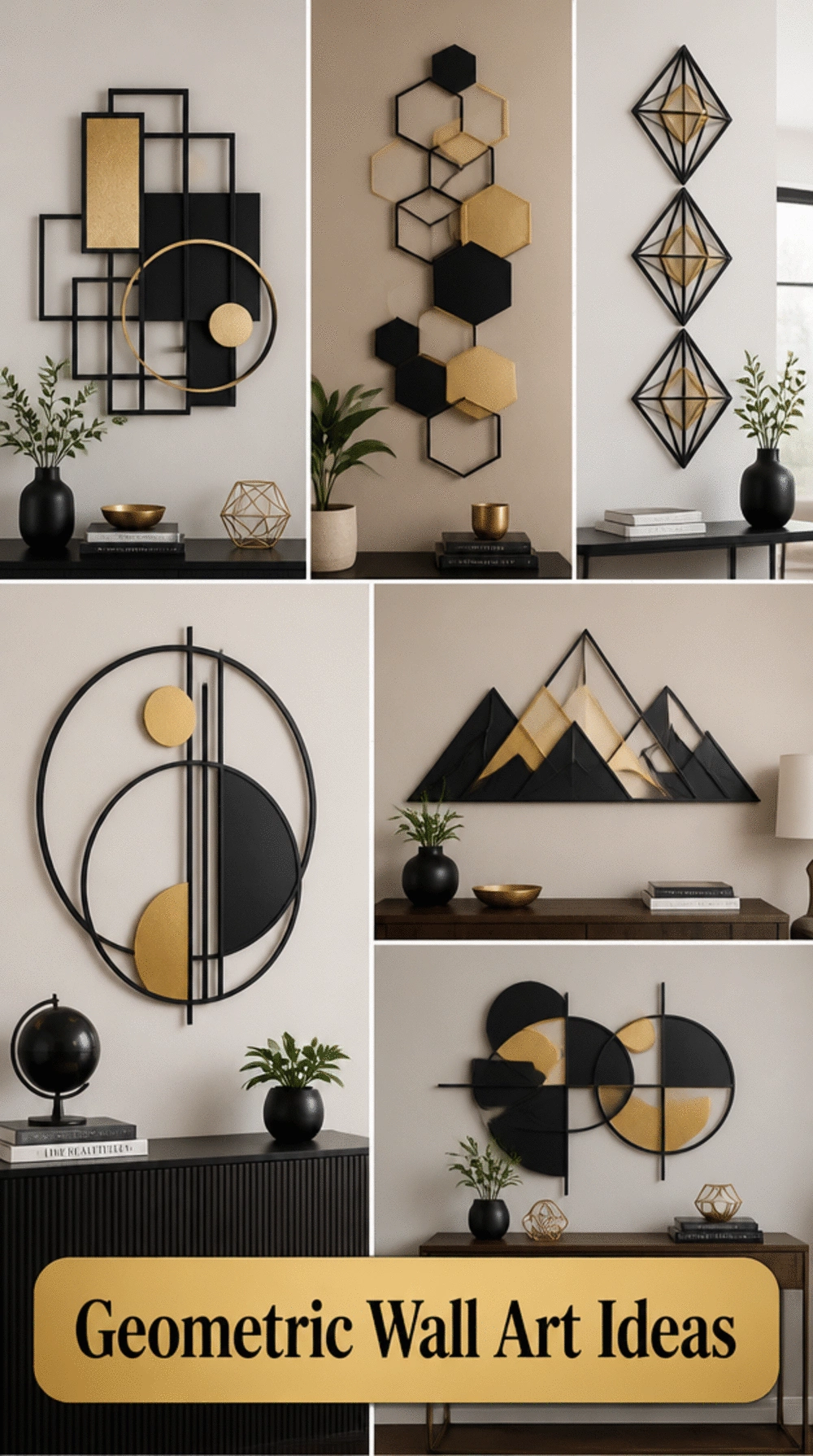 Living Room Geometric Metal Wall Art in Matte Black with Gold Accents