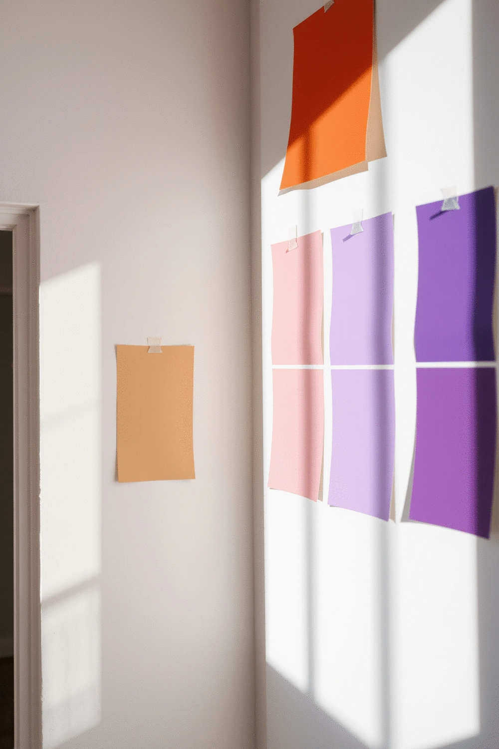 Various paint swatches taped to a white wall, showing different shades of a color family interacting with natural light from a window