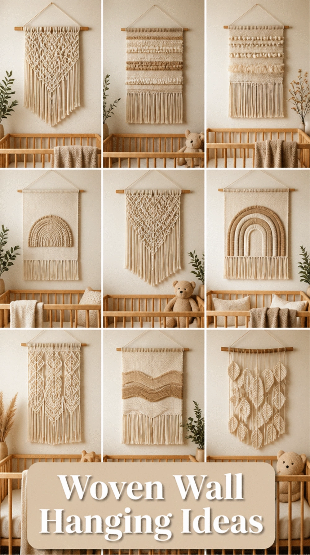 Nursery Woven Cotton Wall Hanging in Natural Cream Above a Wooden Crib