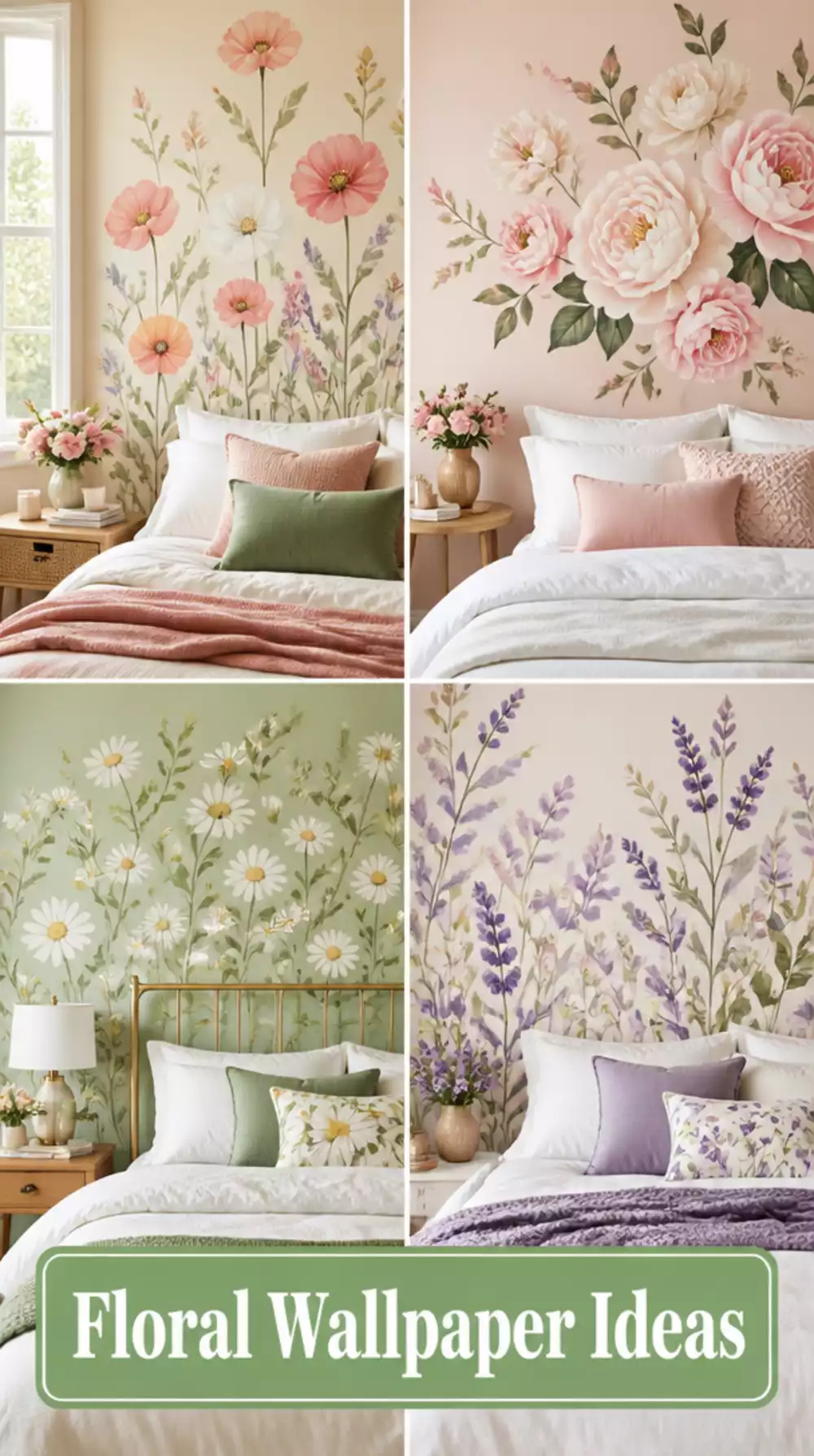 Bedroom Floral Peel-and-Stick Mural Wallpaper in a Botanical Print