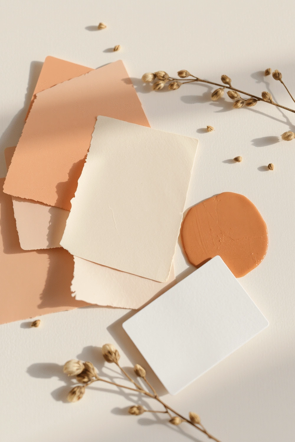 Stylishly arranged swatches of warm neutral paint colors and earthy tones on a clean, light-colored surface, with small, dried botanical elements for texture.
