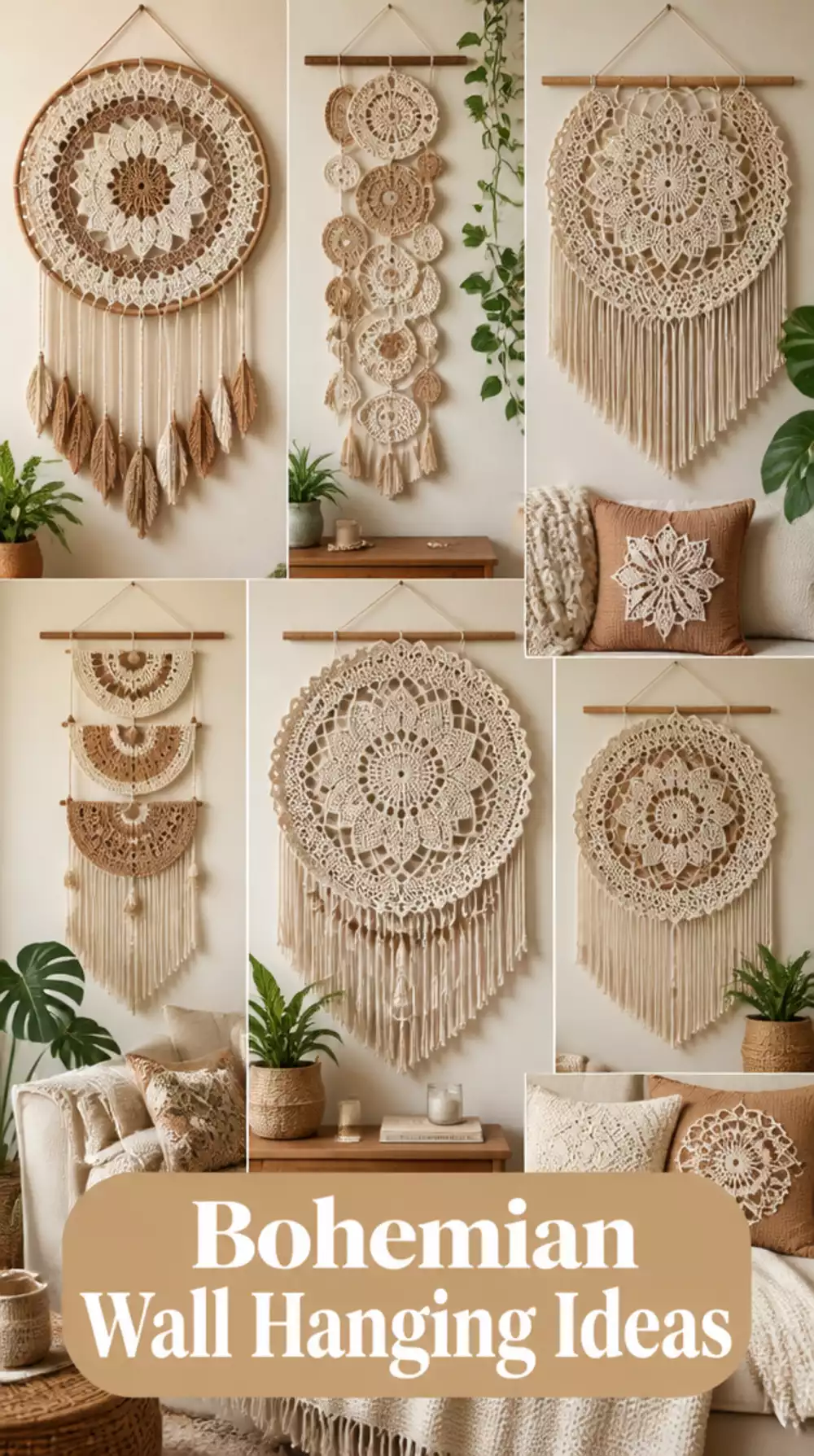 Bedroom Bohemian Crochet Wall Hanging in Warm Ivory and Tan Tones