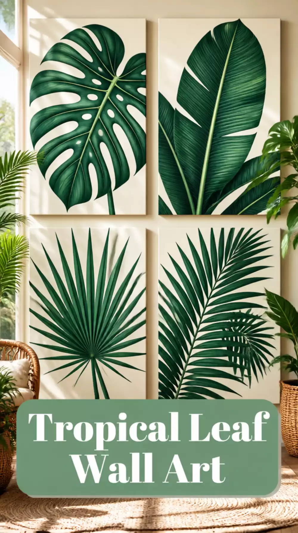 Oversized Tropical Leaf Canvas Wall Art in Deep Emerald and Cream
