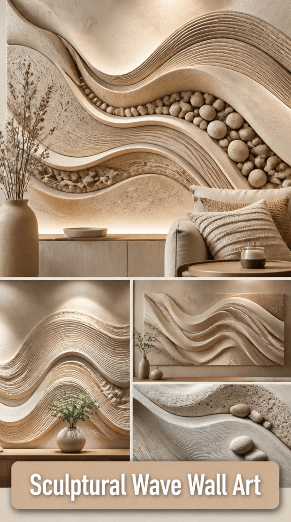 Living Room Sculptural Wave Wall Art in Sand and Stone Tones
