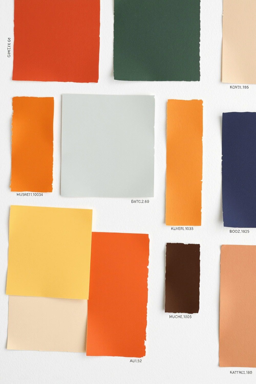 Abstract color palette swatches, warm and cool tones, paint samples, color wheels on a neutral background