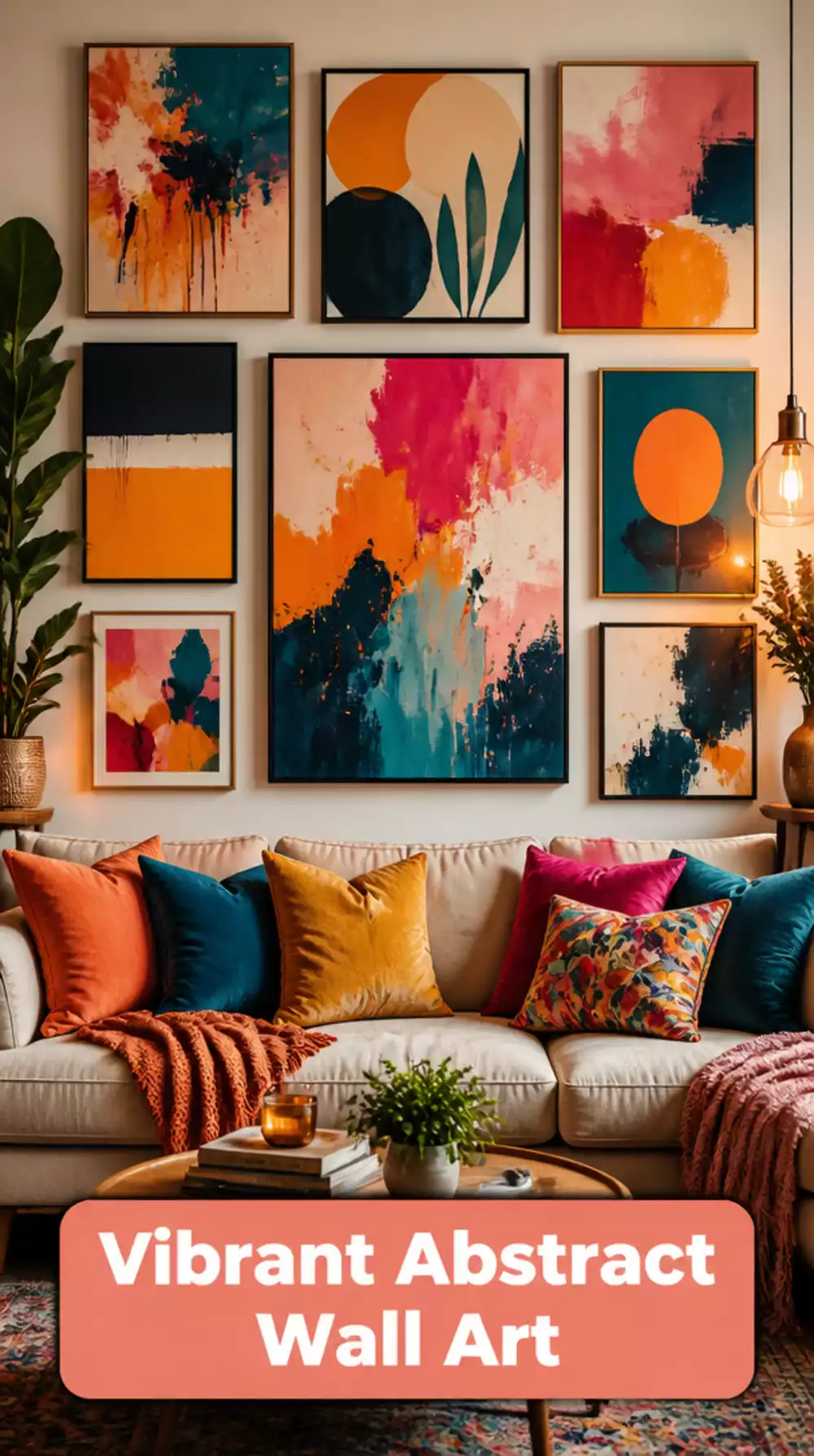 Living Room Vibrant Abstract Wall Art That Anchors a Neutral Sofa