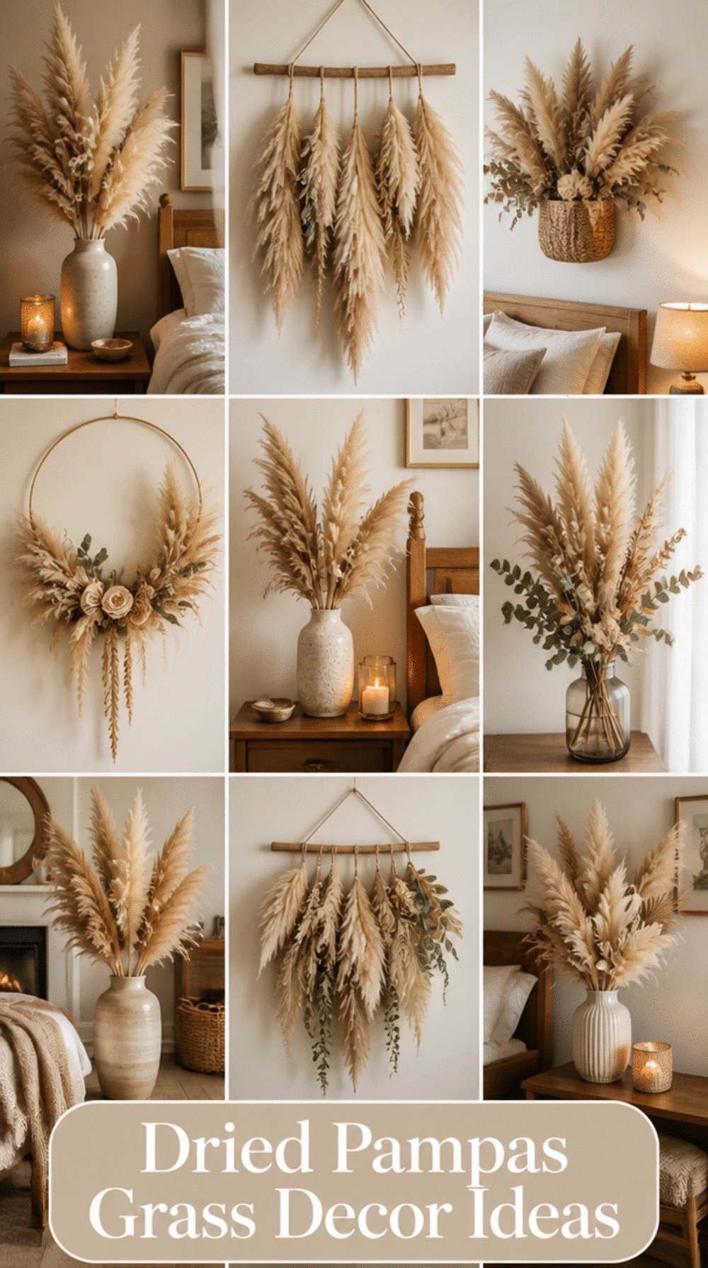 Dried Pampas Grass Wall Arrangement for a Soft Boho Bedroom Wall